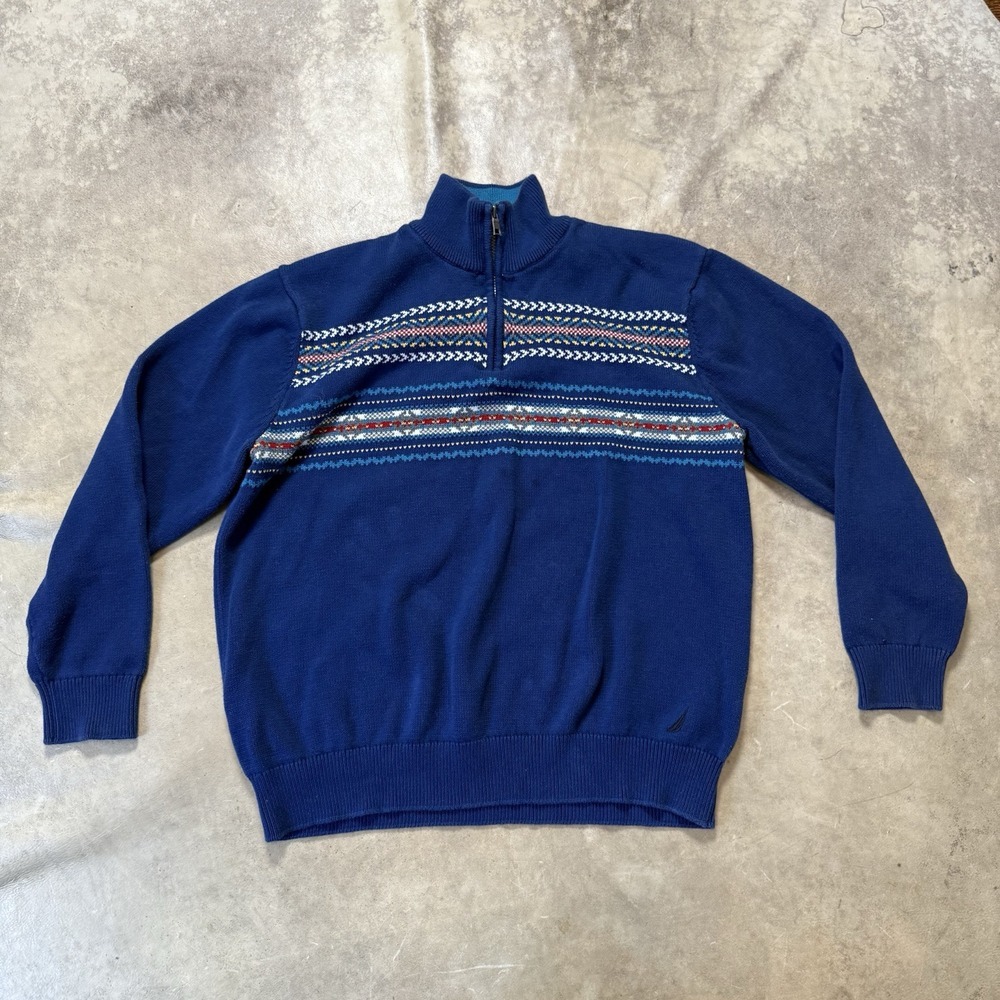 Nautica Sweater Mens Size XXL Blue 1/4 Zip Mock‎ Neck Pullover Fair Isle